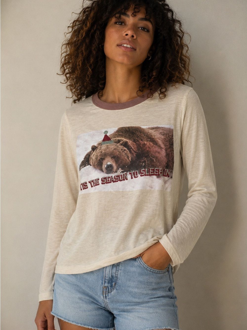 NWT Aerie Christmas Bear Graphic Long Sleeve Crop Tee XS Tis the Season to Sleep